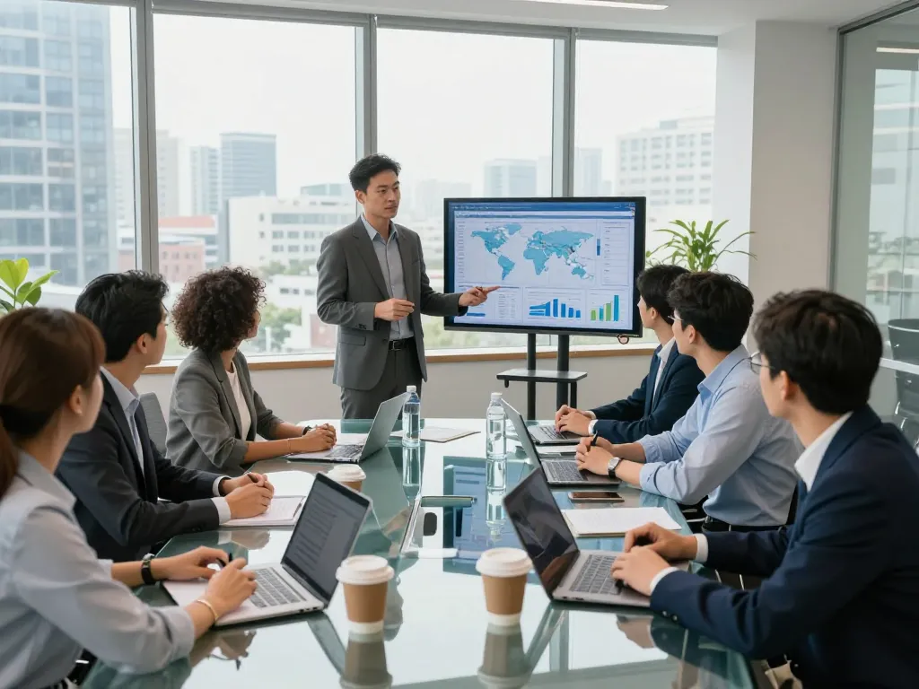 Professional team meeting showcasing collaborative efforts in a global investment group.