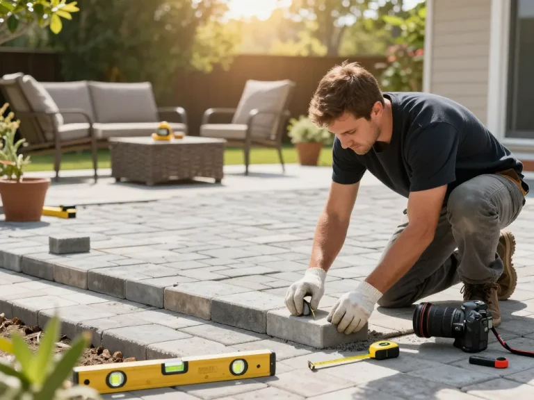 Paver installation near me showcasing a contractor laying stones for a beautiful outdoor patio.