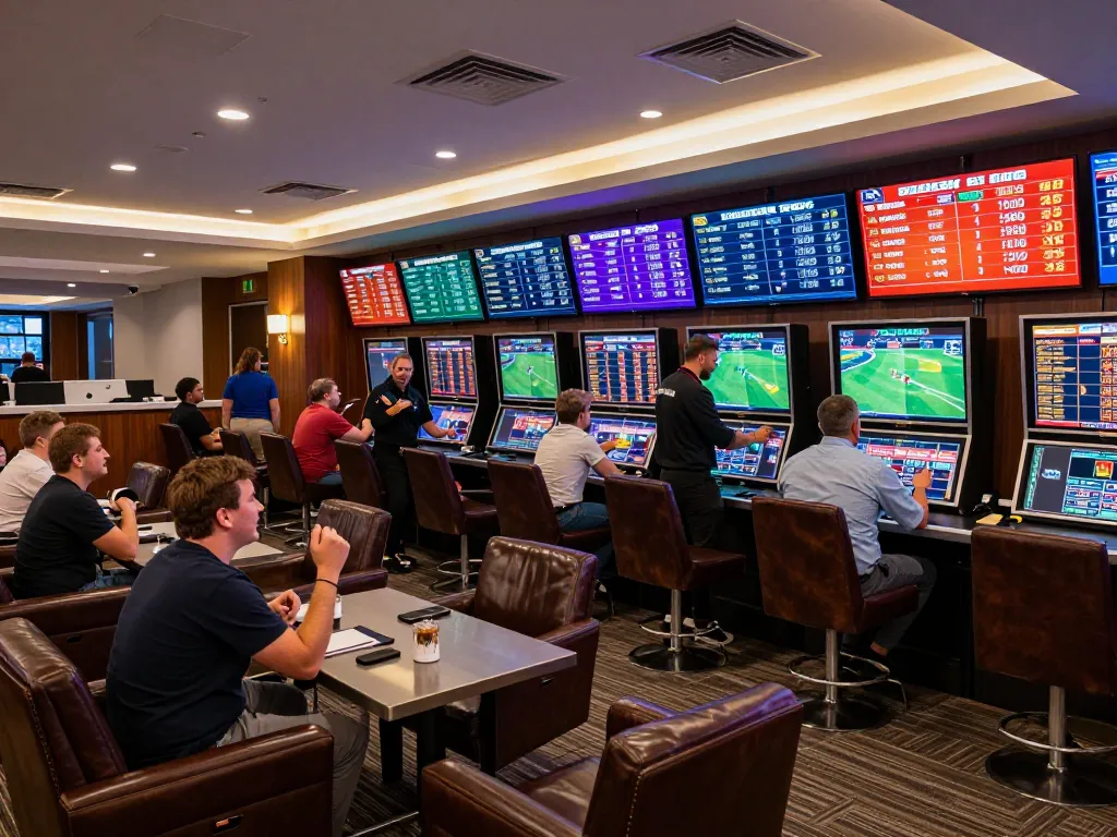 Permainan taruhan SBOBET yang ditangkap di lounge olahraga yang ramai dengan layar menampilkan peluang langsung.