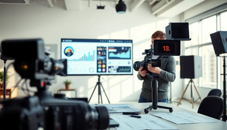 Crafting a Video content strategy in a vibrant studio with analytical tools and gear.