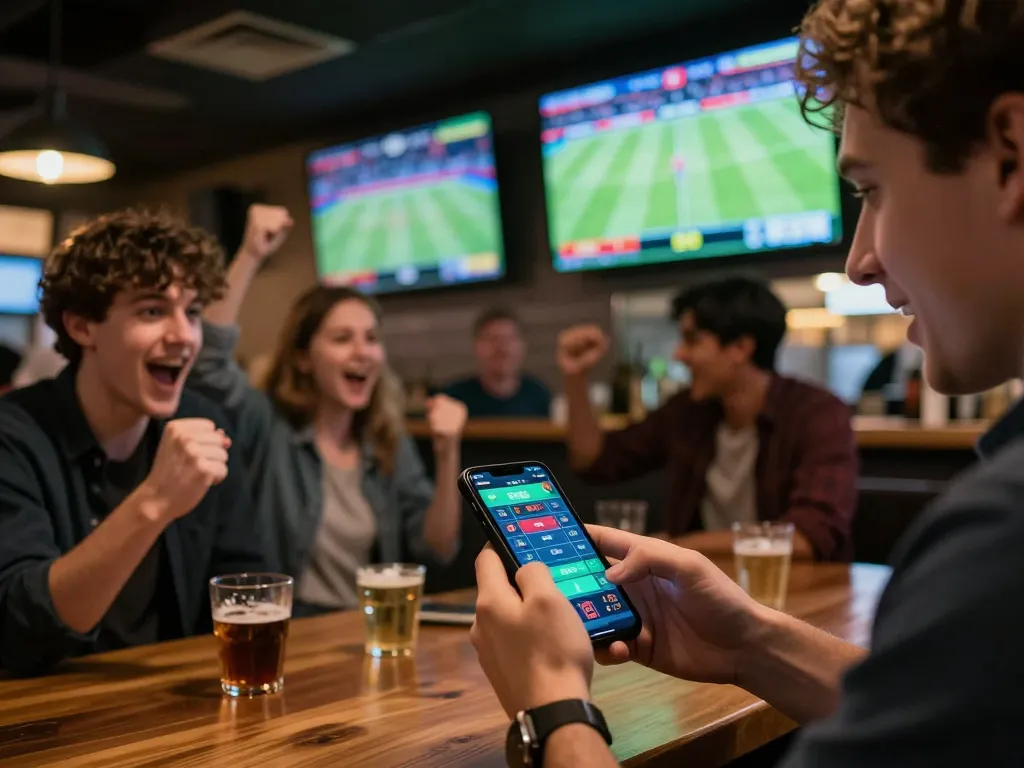 Pengguna SBOBET yang fokus pada taruhan mobile selama pertandingan di bar olahraga yang ramai