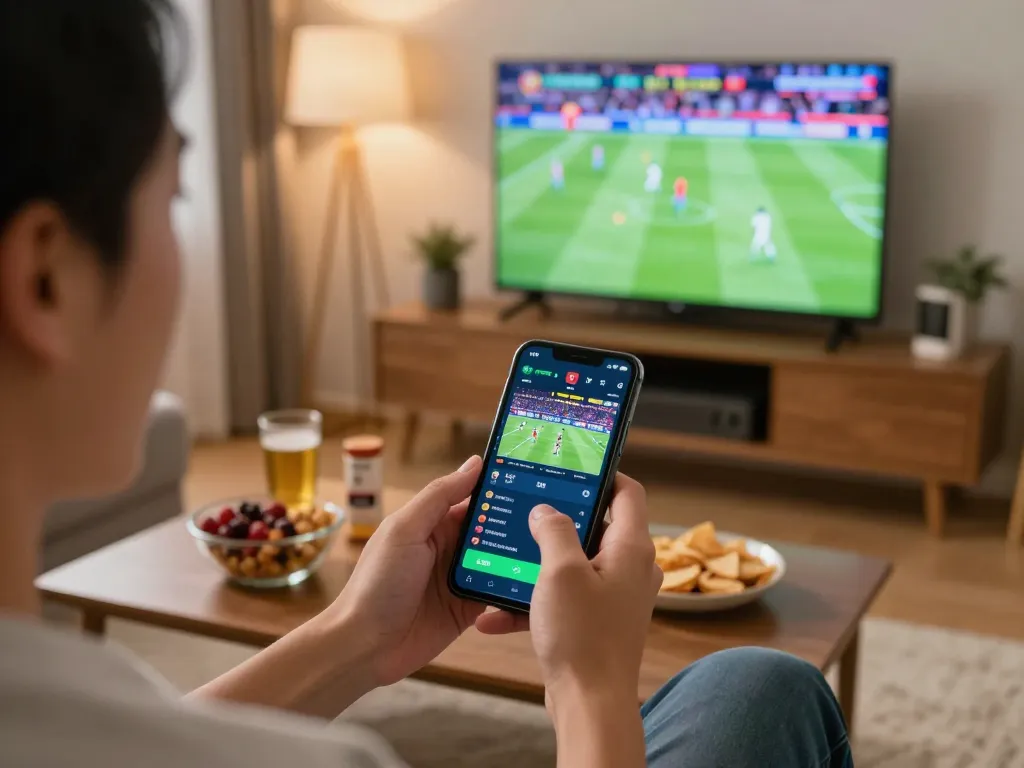 Pengguna SBOBET memasang taruhan waktu nyata di aplikasi mobile selama pertandingan sepak bola langsung, menunjukkan kegembiraan perjudian online