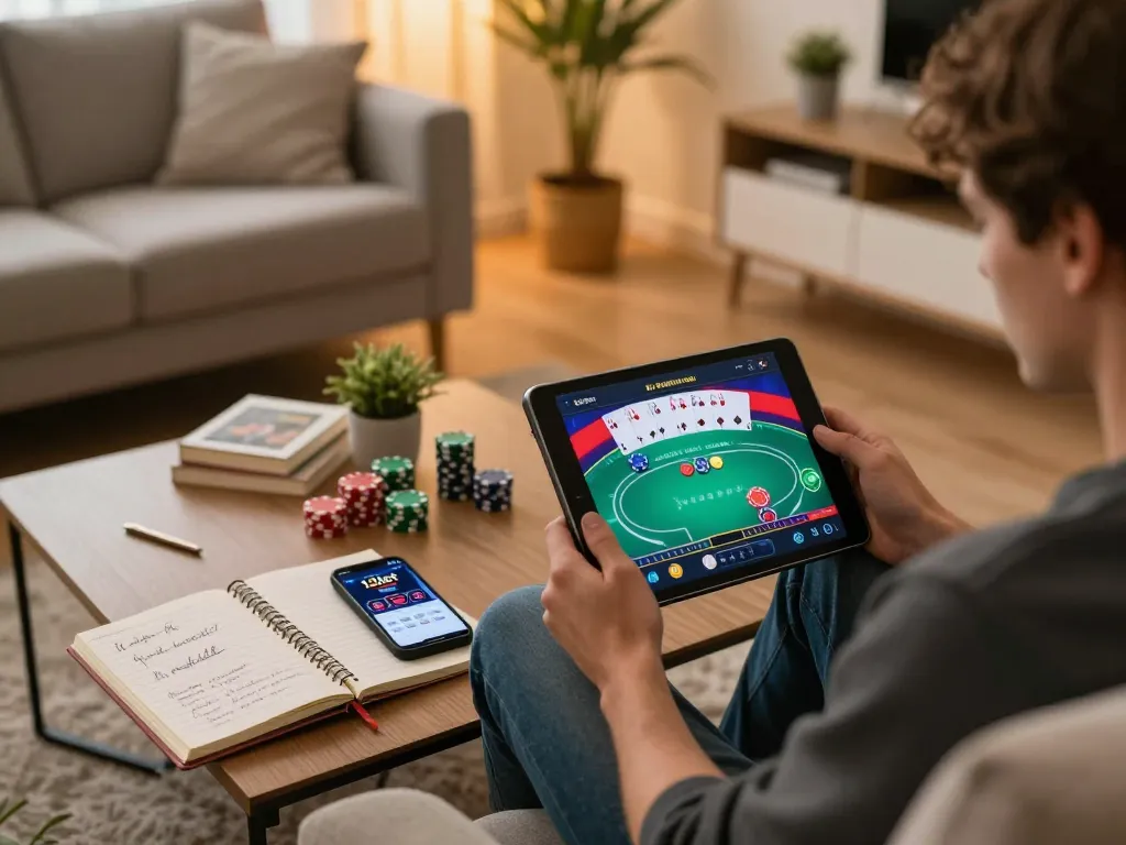Người chơi tham gia trò chơi poker trực tuyến sử dụng ứng dụng 12bet trên máy tính bảng, thể hiện một không gian chơi game thoải mái tại nhà.