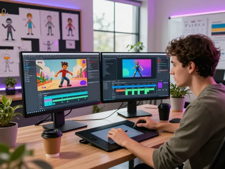 Motion designer using Kling motion ai in a vibrant studio, working with character animations on dual monitors.