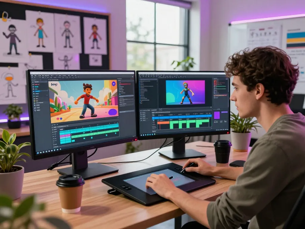 Motion designer using Kling motion ai in a vibrant studio, working with character animations on dual monitors.
