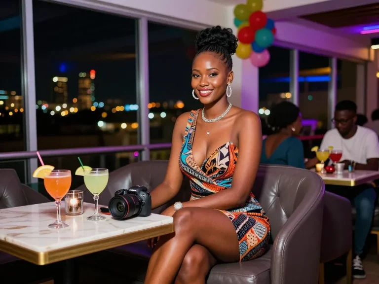 Mombasa escort listings featuring an elegant escort enjoying a glamorous night at a chic lounge in Bamburi with cocktails and city lights.