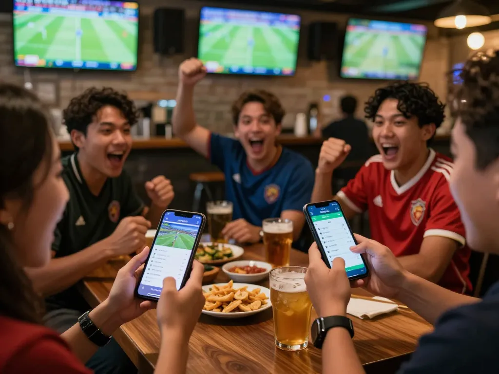 Berpartisipasi dalam taruhan olahraga Judi Bola Resmi dengan antarmuka aplikasi langsung di suasana bar olahraga yang ramai