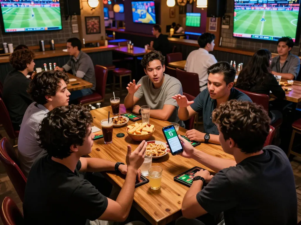 Engaged group of friends using tỷ lệ kèo nhà cái 5 app for sports betting while enjoying food and drinks.