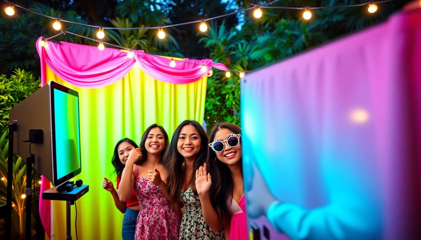 Engaging photo booth rental experience at a lively outdoor event with colorful decorations.