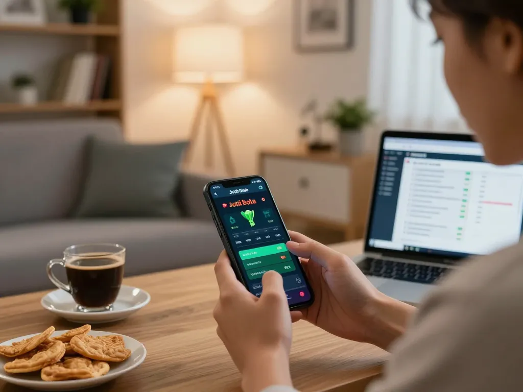 Terlibat dalam judi bola di smartphone dalam suasana ruang tamu yang nyaman.