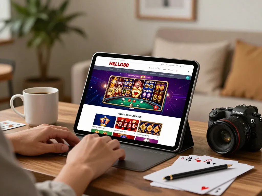 Experience online gaming with HELLO88 through an inviting home casino setup.
