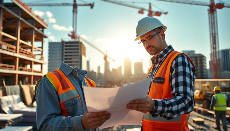 Manhattan Commercial General Contractor inspecting blueprints on a busy construction site.