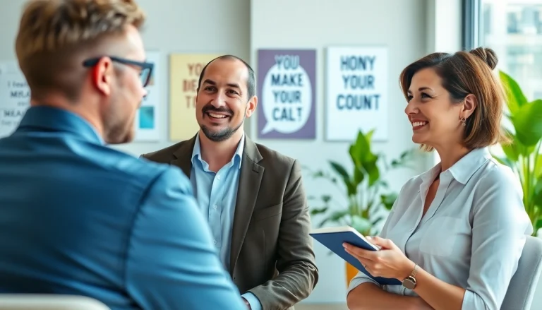Engaging scene displaying career coaching with a professional and client in a bright office.
