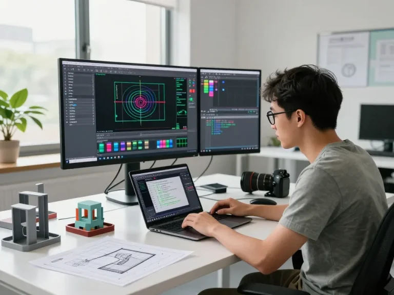 Designer using text to CAD software in a modern office, showcasing a creative workspace.