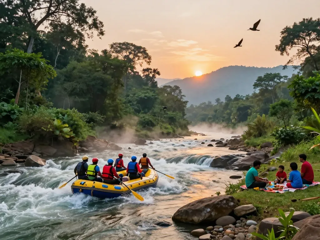Dandeli resorts featuring adventure seekers rafting on the Kali River amidst lush forests.