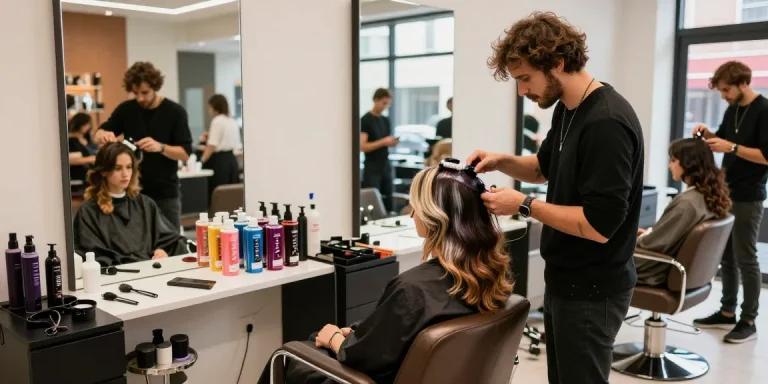 Hair style trend being showcased in a lively salon with vibrant colors and expert styling.