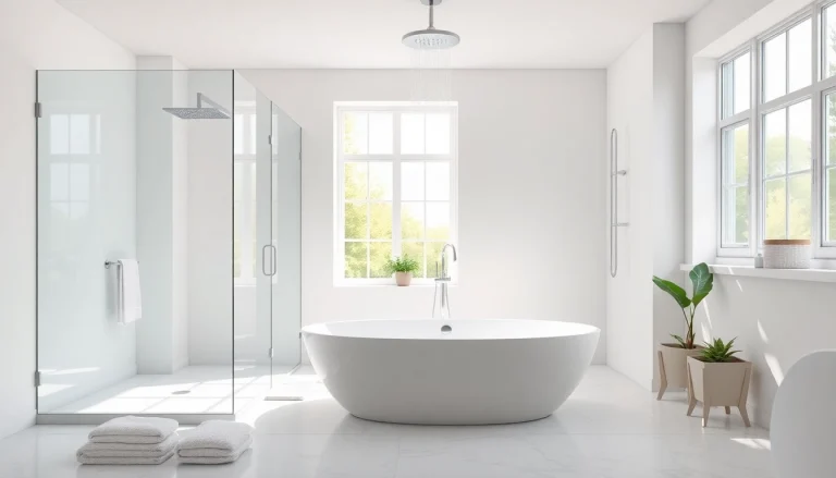 Elegant showers au showcased in a bright modern bathroom with freestanding tub and rainfall showerhead.