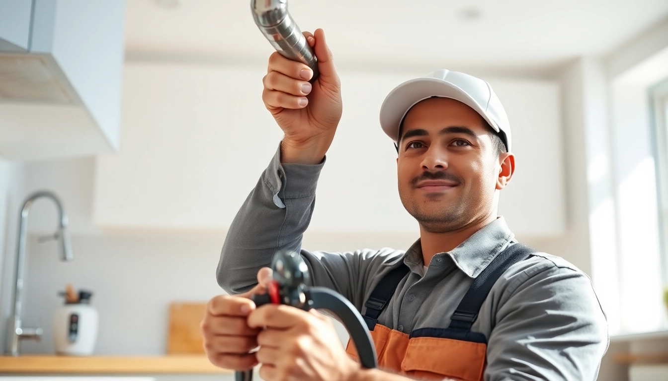 Plumber near me repairing a leak in a bright kitchen environment.