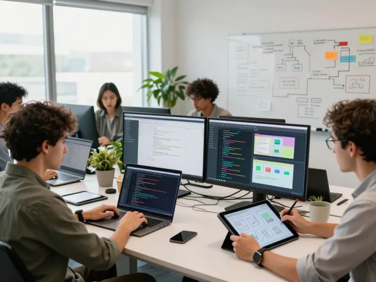 Collaboration in a modern tech workspace with wps software and developers brainstorming.