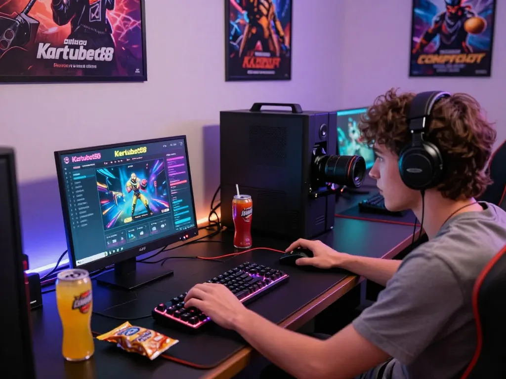 Kartubet88 gaming setup with a player focused on a laptop, colorful atmosphere and gaming gear visible.