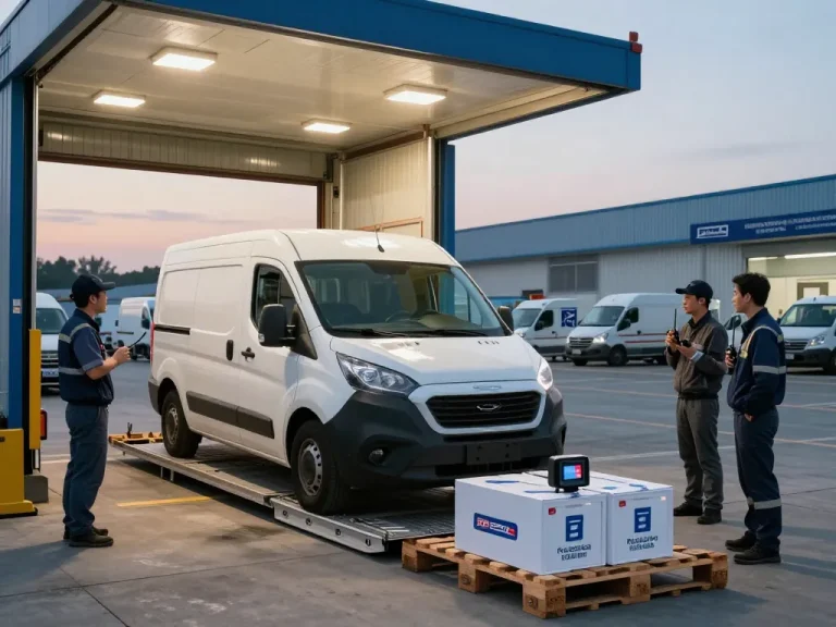 Time critical transport logistics scene with a driver preparing a delivery van at dawn, showcasing efficient operations.
