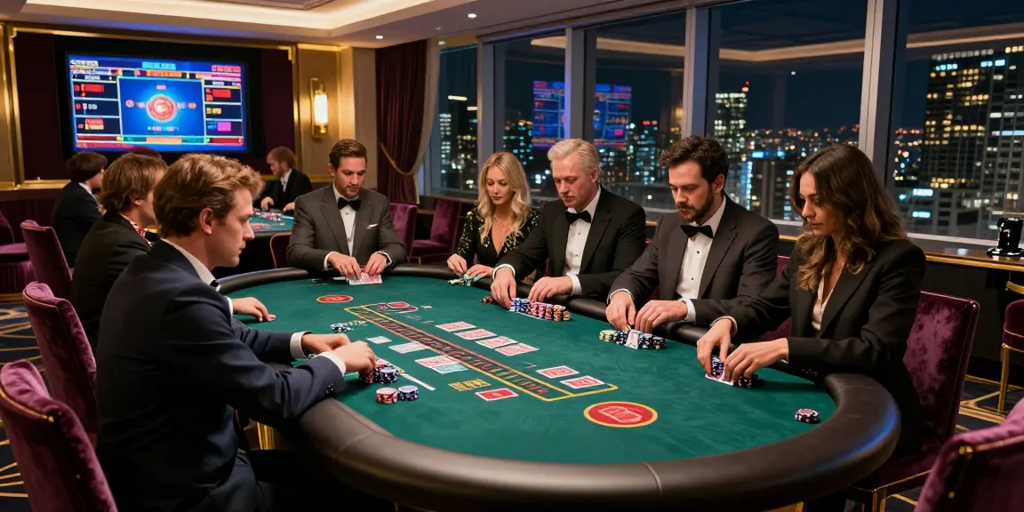 Engaging baccarat players at a luxurious online casino table with chips, cards, and city skyline backdrop.