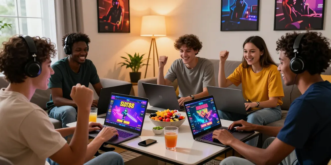 Enthusiastic friends playing Slot88 games on JURAGANBOLA platform with laptops and mobile devices.