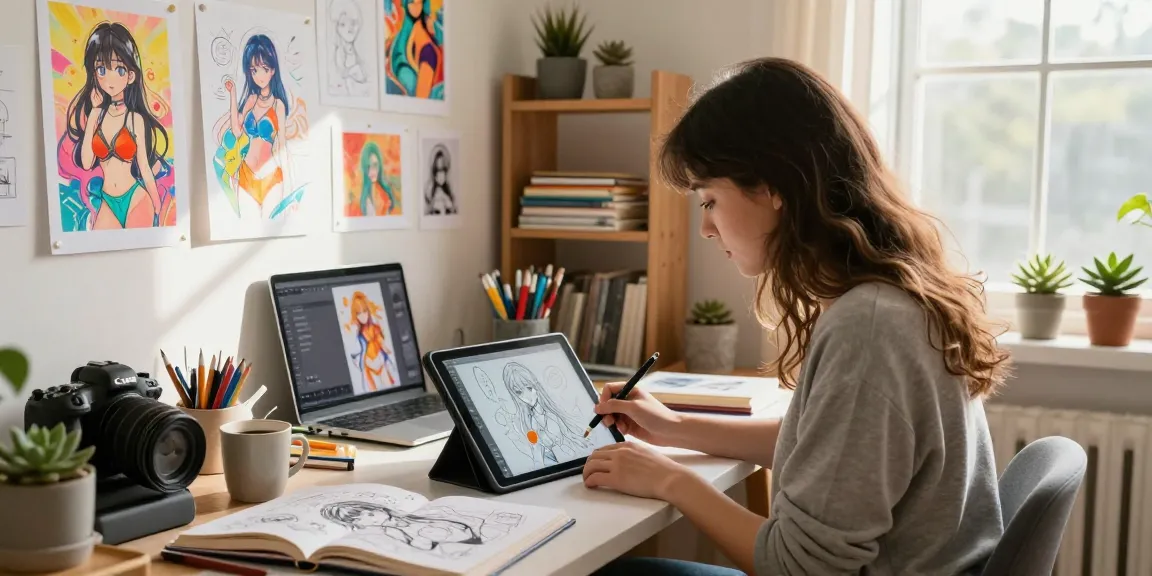 Artist creating AI ecchi illustrations in a vibrant studio, showcasing creativity and technology.