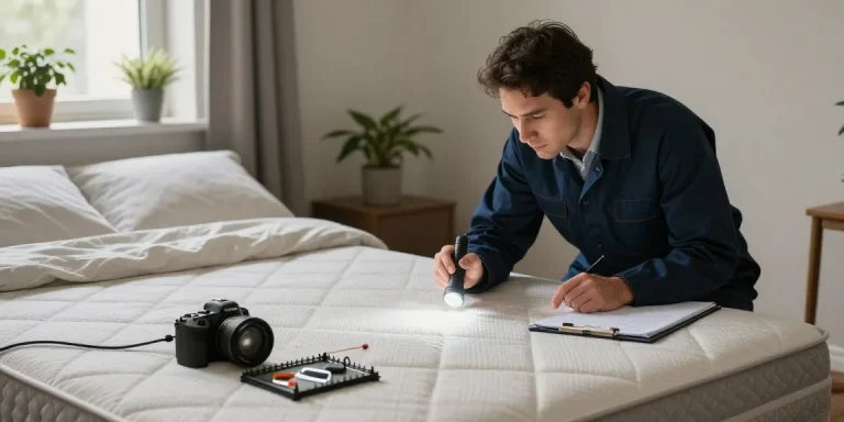 Bed bug exterminator inspecting a mattress in a cozy bedroom, showcasing professional pest control.