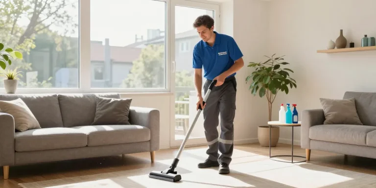 Professional cleaner demonstrating unterhaltsreinigung bern services in a bright living room.