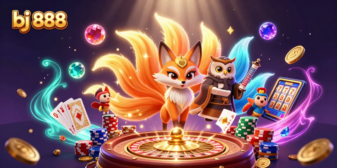 Experience the thrill at bj 888 with a vibrant casino scene featuring dynamic characters and magical elements.