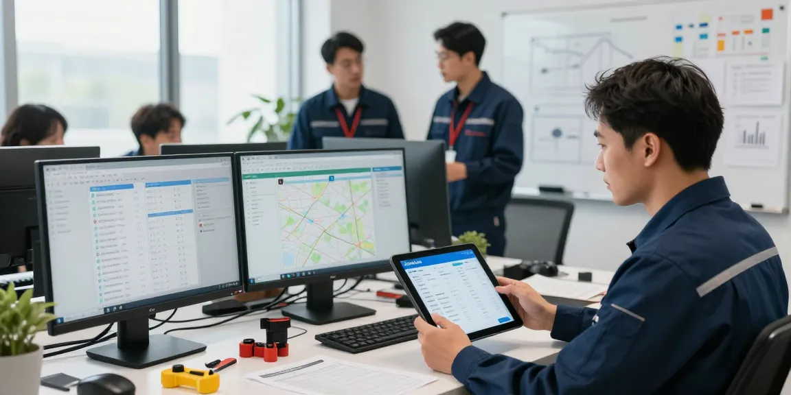 Technician using handyman scheduling software on tablet in a busy office.