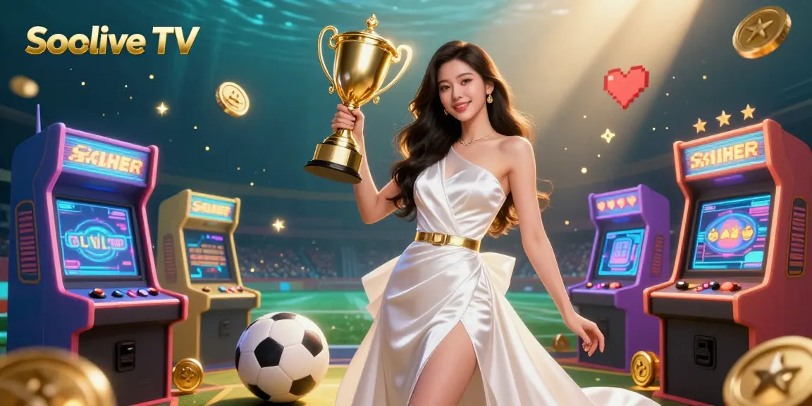 Socolive TV showcases a confident woman holding a trophy in a dynamic sports betting scene, vibrant and engaging.