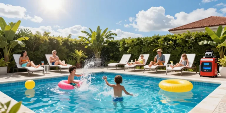 Dolphin Pool Services family enjoying a well-maintained pool with tropical plants, summer fun atmosphere.
