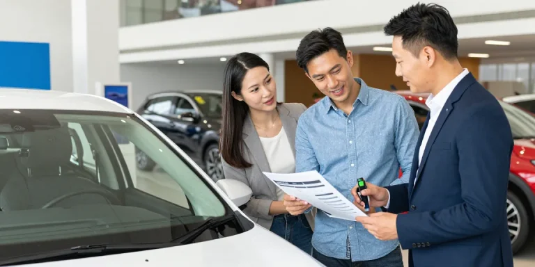 Couple analyzing a vehicle history report during a reg check UK at a vibrant car dealership