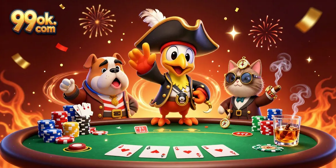 Experience thrilling poker action with 99ok. com's vibrant 3D illustration showcasing pirate-themed characters and exciting game elements.