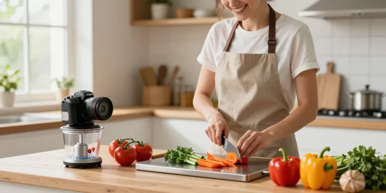 Cheerful chef using a titanium cutting board to chop fresh vegetables in a sunny kitchen.