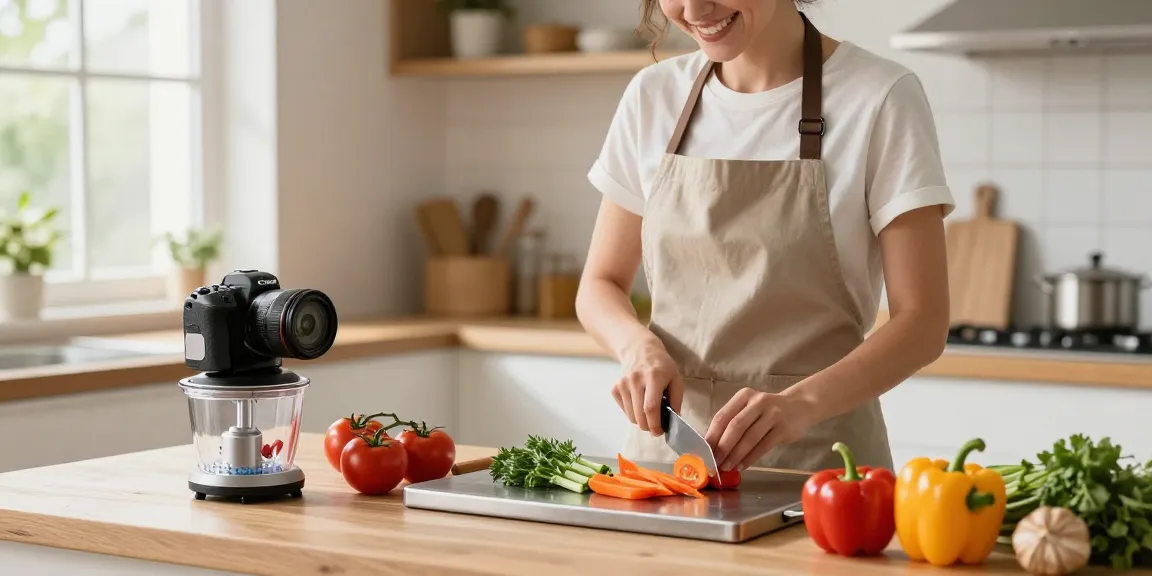 Cheerful chef using a titanium cutting board to chop fresh vegetables in a sunny kitchen.