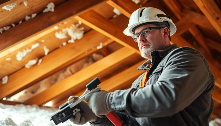 Certified spray foam removal technician meticulously working in an attic space.