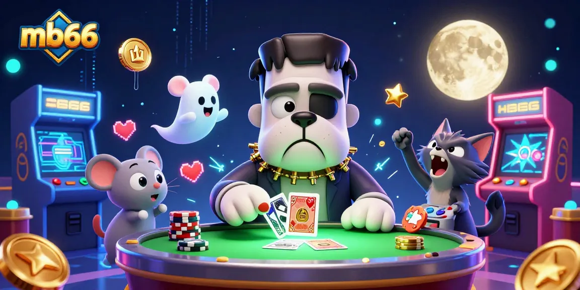 mb66 showcases an electric gaming scene with a Frankenstein bulldog, ghost mouse, and werewolf kitten.