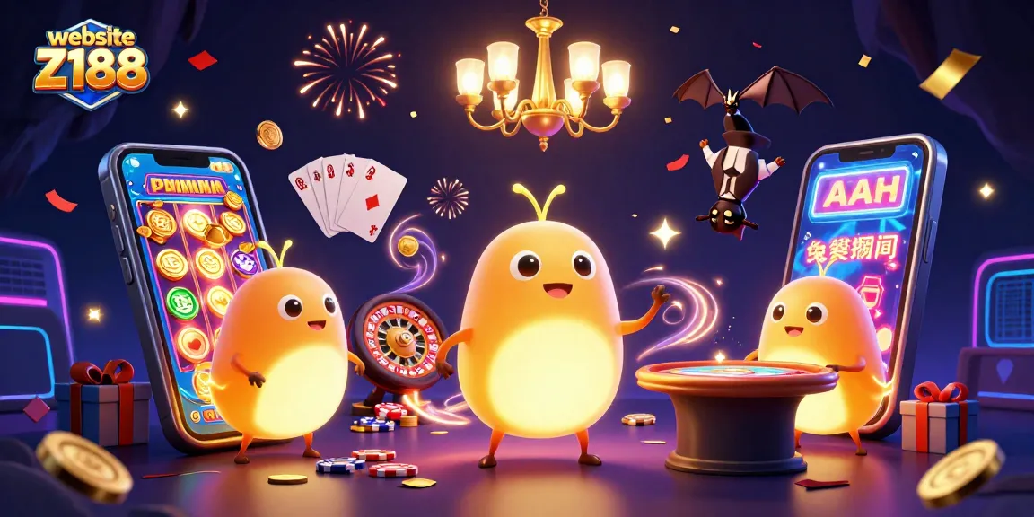 Engage with thrilling games at website Z188, showcasing a vibrant casino scene with glowworms and gaming excitement.