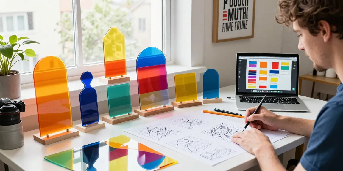 Artist designing colorful custom acrylic stands in a vibrant workspace