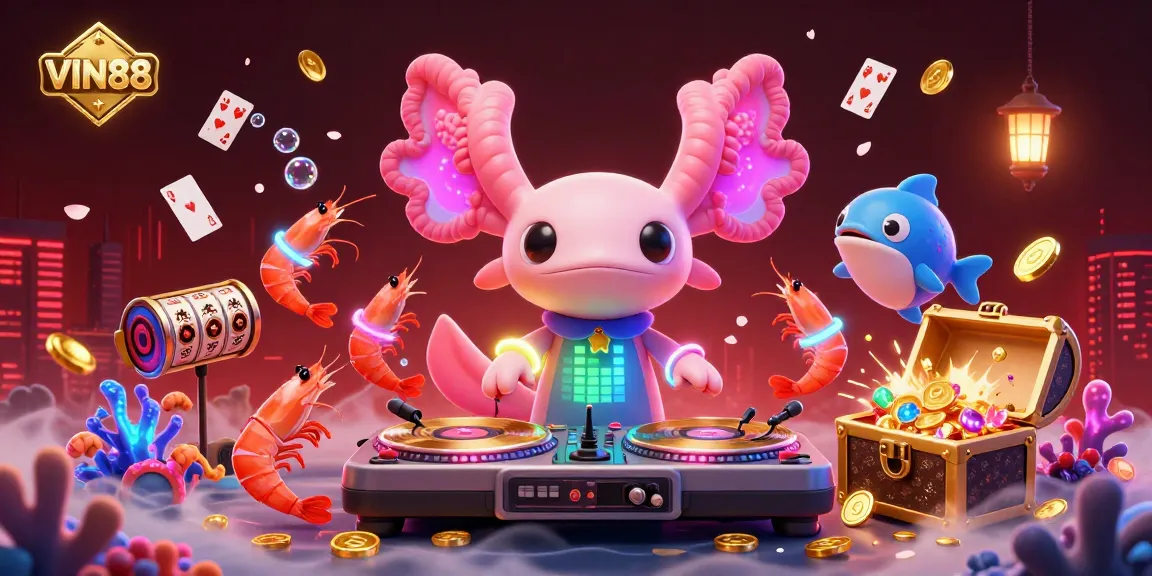 Experience the vibrant fun of VIN88 with a neon-themed underwater casino scene filled with slot reels and playful characters.