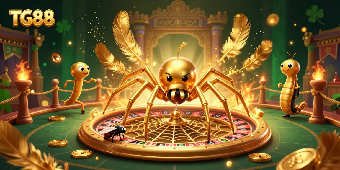 Bet on TG88 with a golden spider spinning a roulette web, vibrant casino elements surrounding