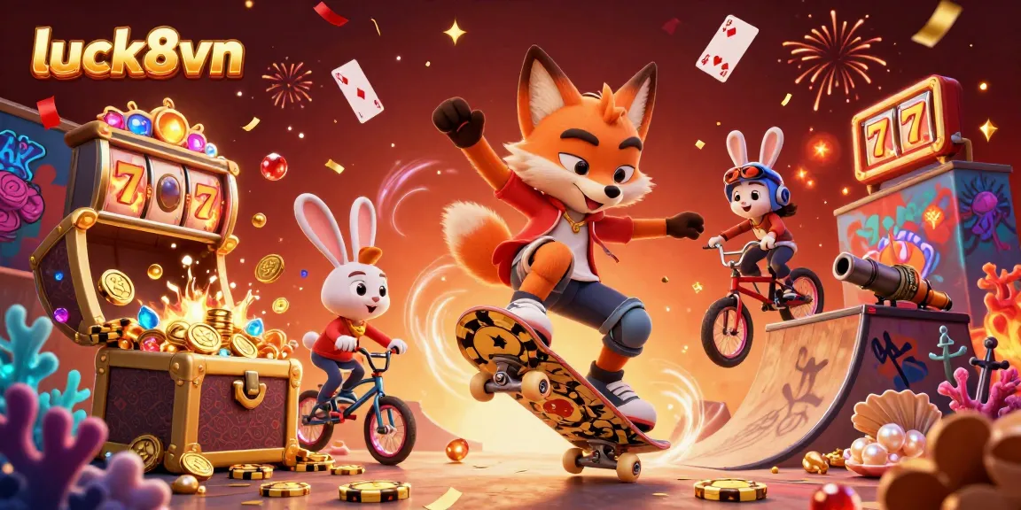 Experience the excitement of luck8vn with a vibrant scene of a skateboarder fox and BMX rabbit competing in a dynamic casino.