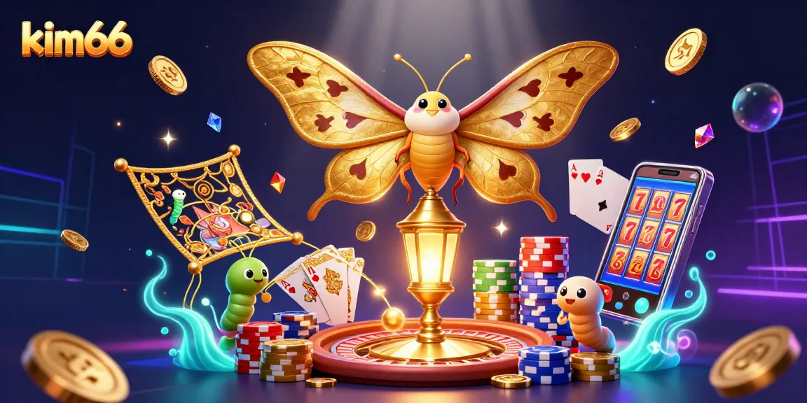 Experience the vibrant world of kim66 with a 3D illustration of an atlas moth and dynamic casino elements.