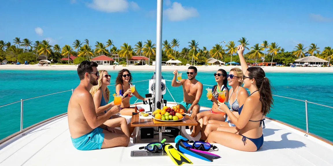 Group celebrating on a yacht charter Punta Cana with cocktails and snorkeling gear, vibrant Caribbean setting.
