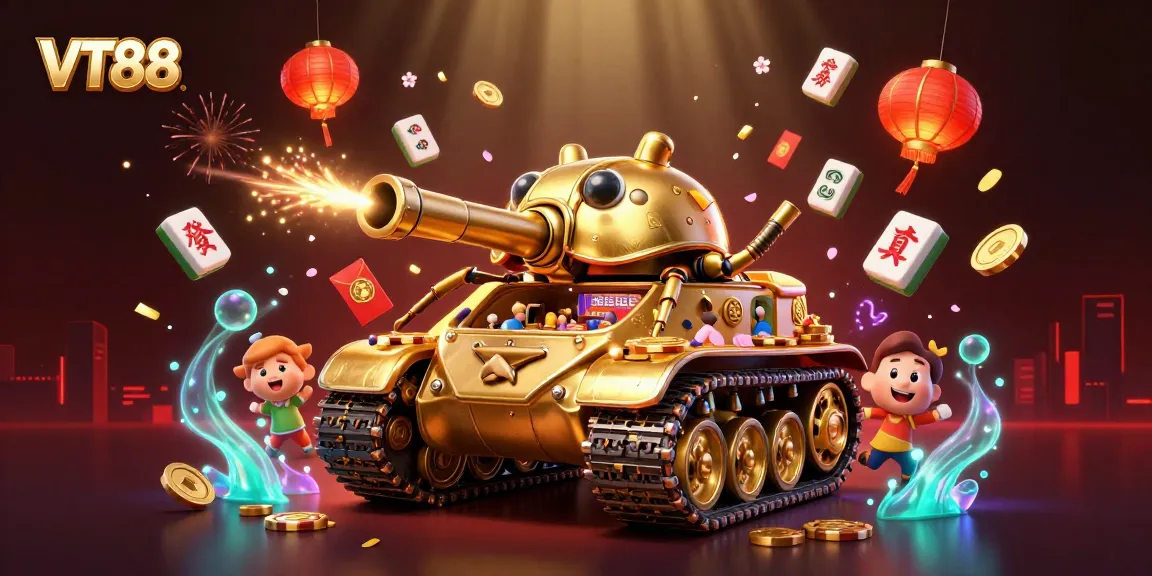 Experience VT88's dynamic mini casino with golden beetle tank and vibrant gaming elements.