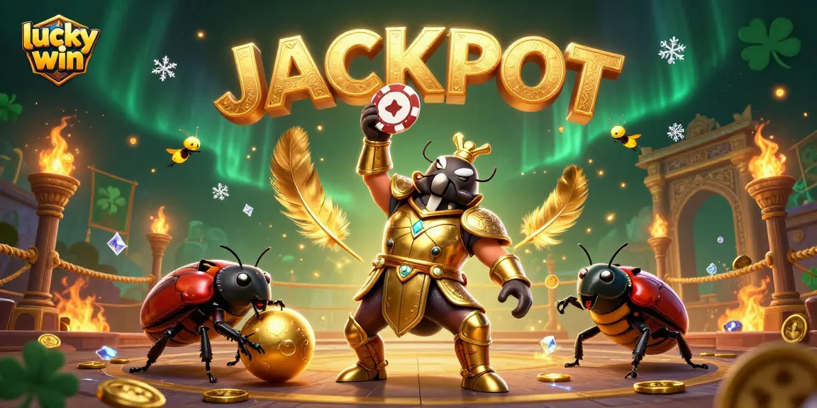 Experience the excitement of lucky win as the gladiator beetle lifts a poker chip amid swirling casino elements.