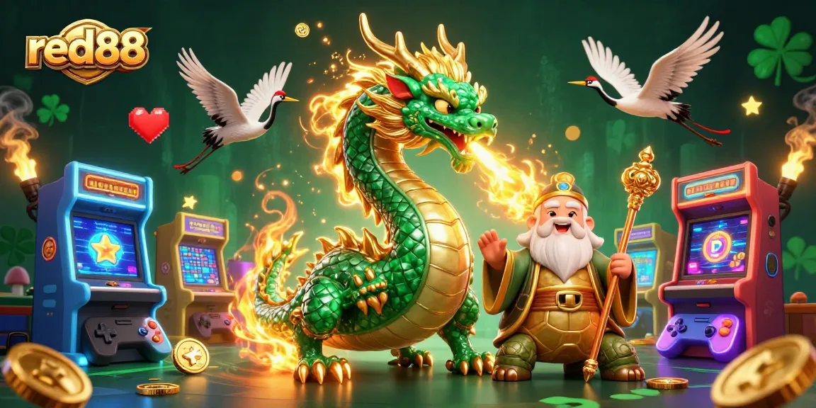 Experience exhilarating action with red88's vibrant gaming scene featuring a magical dragon and wise sage.